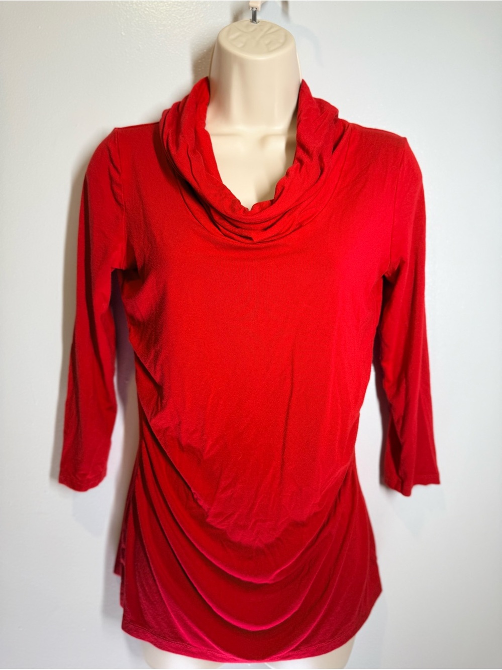 New York & Company Red Cowl Neck Draped Hem Sweater